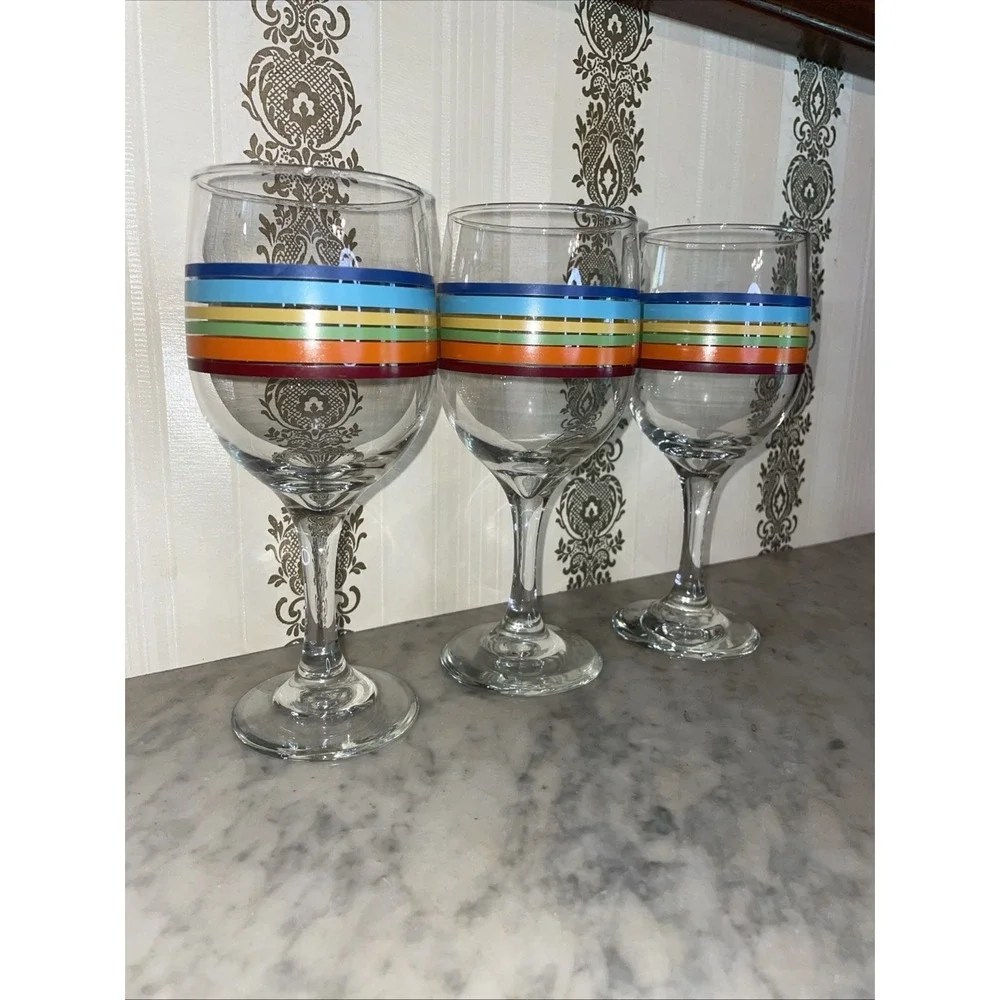 3 Vintage Libbey Fiesta Mambo Colored Stripe Wine Water Tea Glasses 8 oz 7